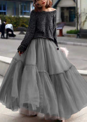 Women Purple Ruffled Tulle Cinched Circle Fall Skirt