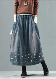 Blue-red flower Pockets Retro Patchwork Summer Skirts Denim