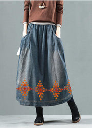 Blue-green flower Pockets Retro Patchwork Summer Skirts Denim