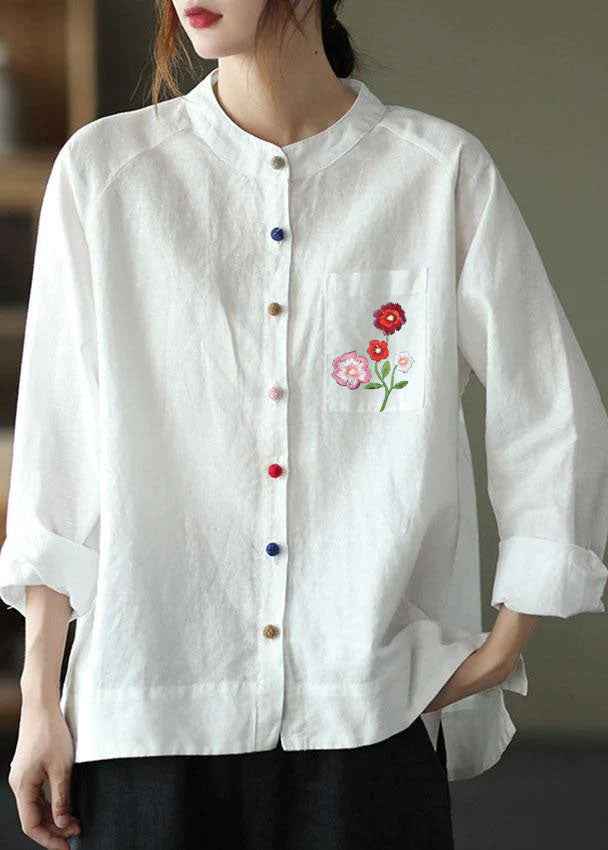 Modern White-fun pattern Loose Patchwork Pockets Fall Long Sleeve Blouse Top