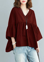 Black V Neck Patchwork Asymmetrical Design Fall Top Three Quarter sleeve