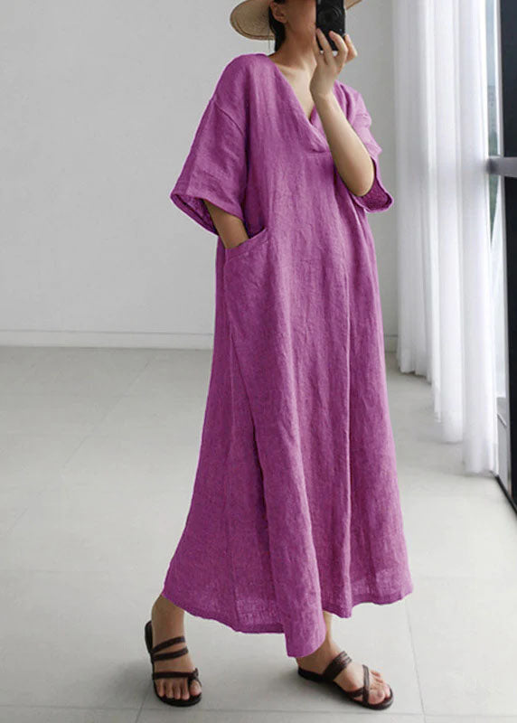 Plus Size Purple Peter Pan Collar Pockets Linen Long Dresses Short Sleeve