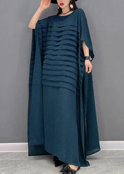 Bohemian Blue O-Neck Striped Chiffon Ankle Dress Batwing Sleeve