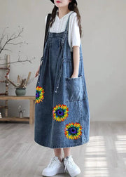 Plus Size Blue-Leaves drawstring pocket Spaghetti Strap Cotton denim Dress Spring