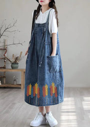 Plus Size Blue-Leaves drawstring pocket Spaghetti Strap Cotton denim Dress Spring