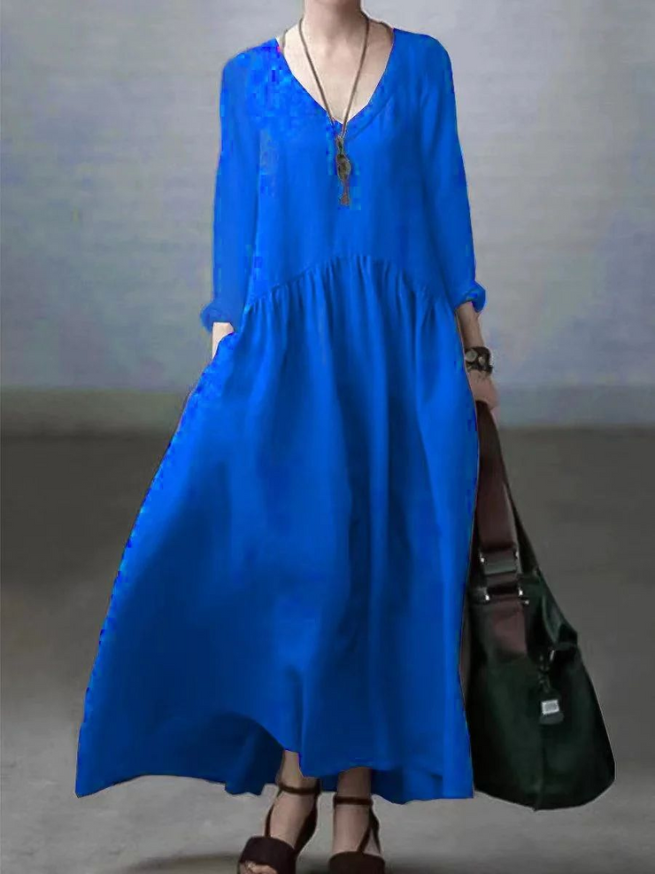 Sky blue Simple and Loose V-neck Cotton and Linen Dress