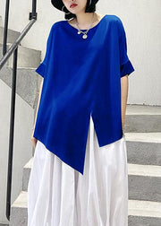 Unique Blue cotton clothes o neck asymmetric summer shirt