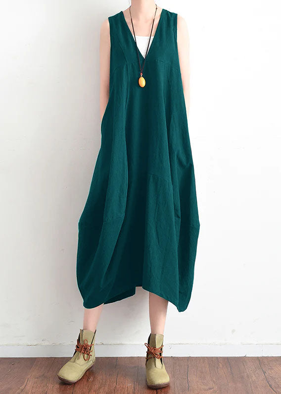 French Green v neck linen clothes For Women stylish design sleevless loose summer Dress