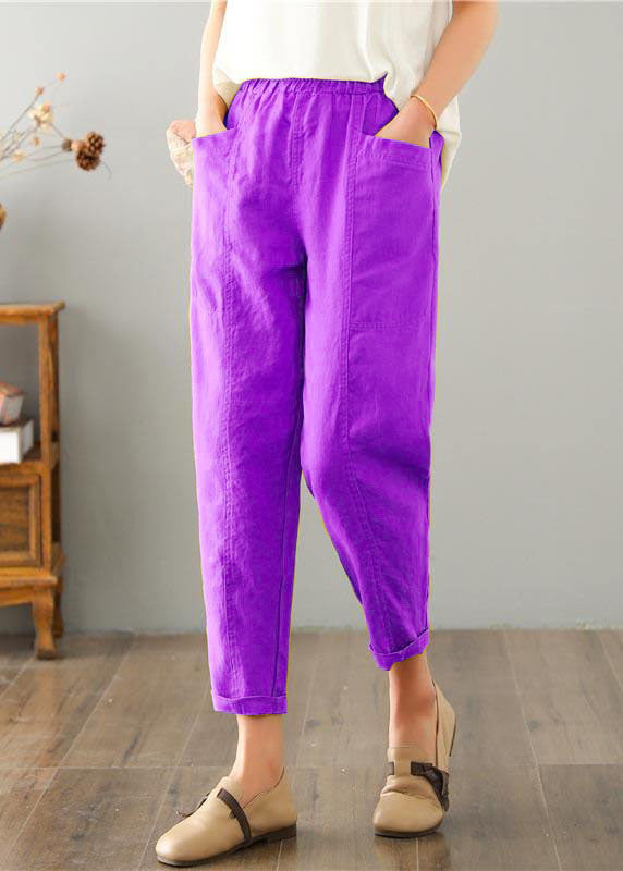 Natural Purple Pockets Cotton Linen  Pants Summer