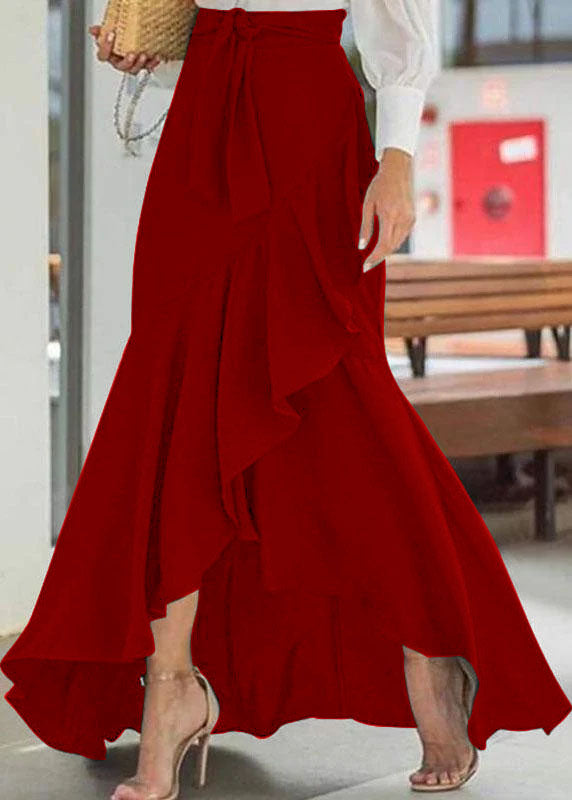 Solid Red Color High Waist Ruffle High Low Hem Swing Maxi Skirts For Women