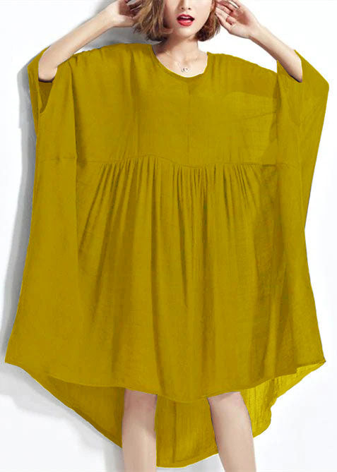 New Yellow Chiffon Dresses Plus Size Clothing Linen Maxi Dress Fine High Waist Batwing Sleeve Clothing