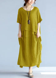 baggy orange-flower long linen dresses oversized layered cotton maxi dress vintage short sleeve cotton clothing