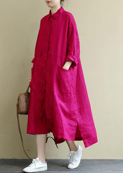 Red Linen Shirt Dress Casual Oversize Spring Maxi Dresses