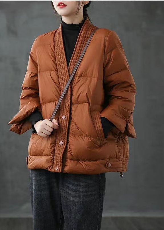 Beige  V Neck Button Thick fashion Winter Duck Down Jackets