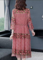 Beautiful Pink Embroidered Lace Up Silk Robe Dresses Flare Sleeve