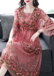 Beautiful Pink Embroidered Lace Up Silk Robe Dresses Flare Sleeve