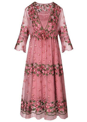 Beautiful Pink Embroideried Lace Up Silk Robe Dresses Flare Sleeve