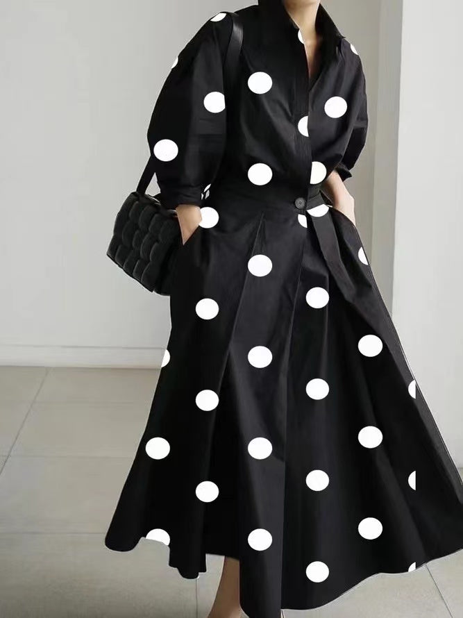 2024 Black dot Peter Pan Collar Pockets Cotton Dress Long Sleeve