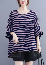 Boutique Chocolate Striped Asymmetrical Patchwork Cotton Top Short Sleeve