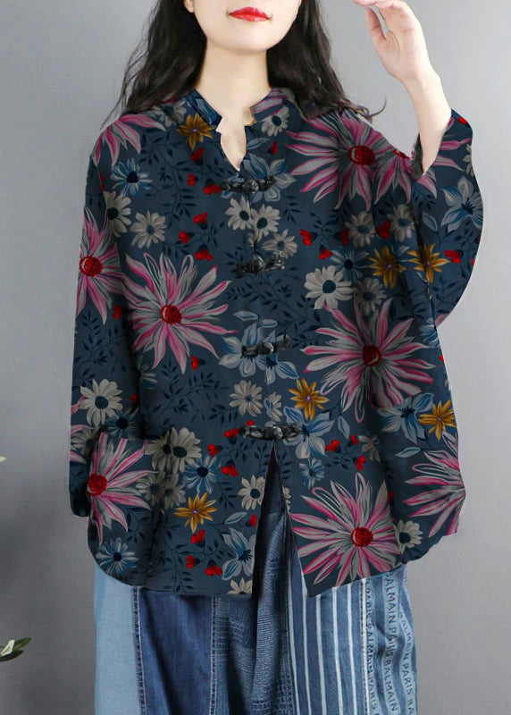 Chinese Style Dark blue-cashew Print Pockets Button Patchwork Cotton Coats Long Sleeve