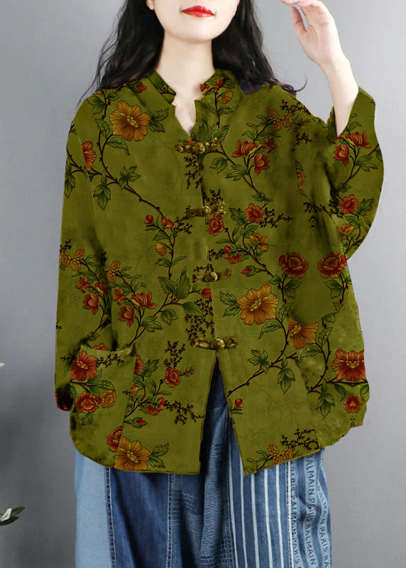 Chinese Style Purple Print Pockets Button Patchwork Cotton Coats Long Sleeve