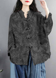 Chinese Style Dark blue-cashew Print Pockets Button Patchwork Cotton Coats Long Sleeve