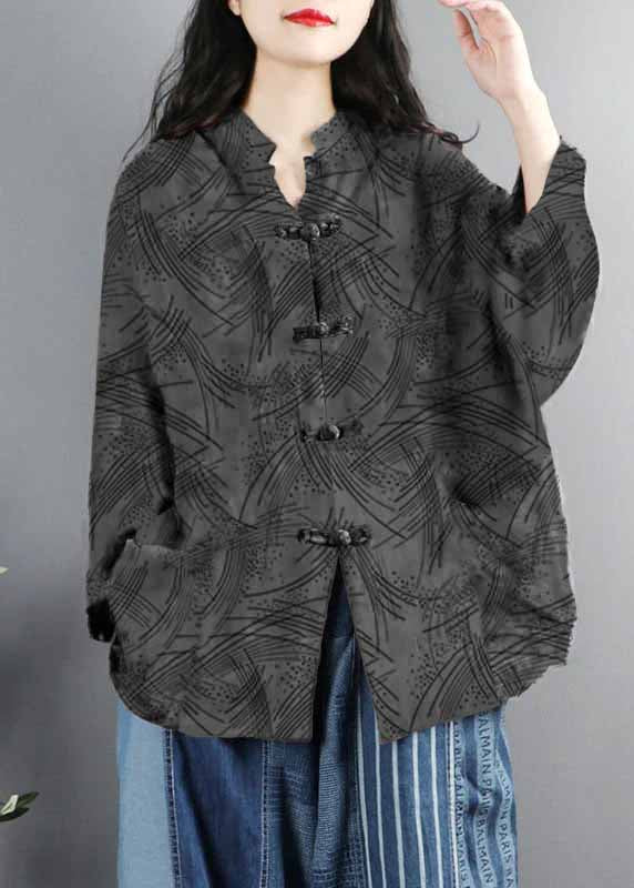 Chinese Style Black-ghost Print Pockets Button Patchwork Cotton Coats Long Sleeve