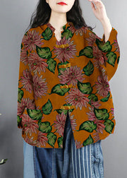 Chinese Style Dark blue-cashew Print Pockets Button Patchwork Cotton Coats Long Sleeve