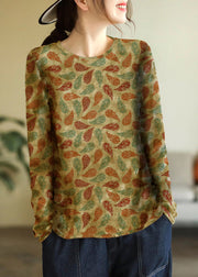 Elegant Yellow O-Neck Print Cotton Knitted Top Long Sleeve