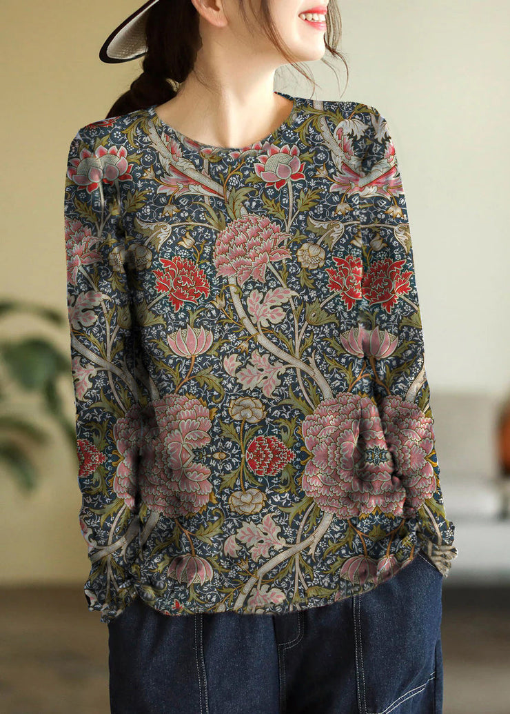 Elegant Indigo-Floral O-Neck Print Cotton Knitted Top Long Sleeve