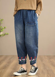 Handmade Spring Casual Pants Oversize Denim Blue-Pocket Photography Elastic Waist Trousers