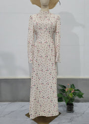 2024 Autumn Apricot Lace Up Stand Collar Print Chiffon Dress