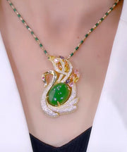 2024 Green Sterling Silver Overgild Jade Cat's Eye Stone Swan Zircon Bamboo Joints Pendant Necklace