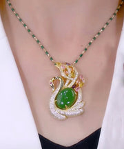 2024 Green Sterling Silver Overgild Jade Cat's Eye Stone Swan Zircon Bamboo Joints Pendant Necklace