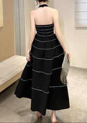 2024 New Black V Neck Striped Zircon Backless Vacation Long Dresses Summer