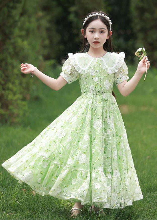 2024 New Green Peter Pan Collar Print Tie Waist Chiffon Girls Maxi Dress Short Sleeve