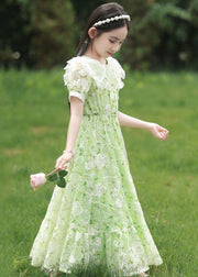 2024 New Green Peter Pan Collar Print Tie Waist Chiffon Girls Maxi Dress Short Sleeve