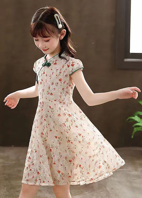 2024 New Green Stand Collar Print Girls Maxi Dresses Short Sleeve