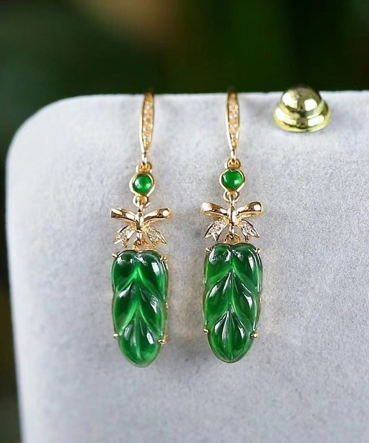 2024 New Green Sterling Silver Overgild Jade Lea Drop Earrings