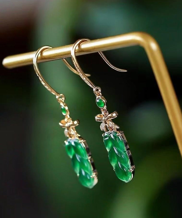 2024 New Green Sterling Silver Overgild Jade Lea Drop Earrings