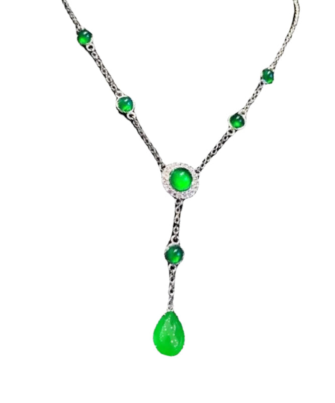 2024 New Green Sterling Silver Overgild Zircon Jade Tassel Pendant Necklace