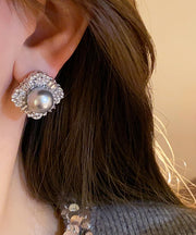 2024 New Grey Alloy Pearl Zircon Stud Earrings