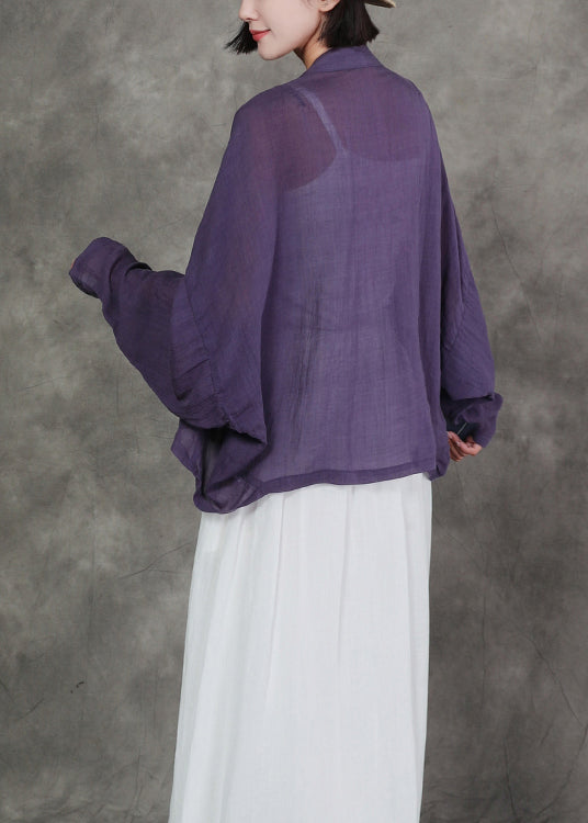 2024 New Original Purple V Neck Linen Cardigan Bat Sleeves