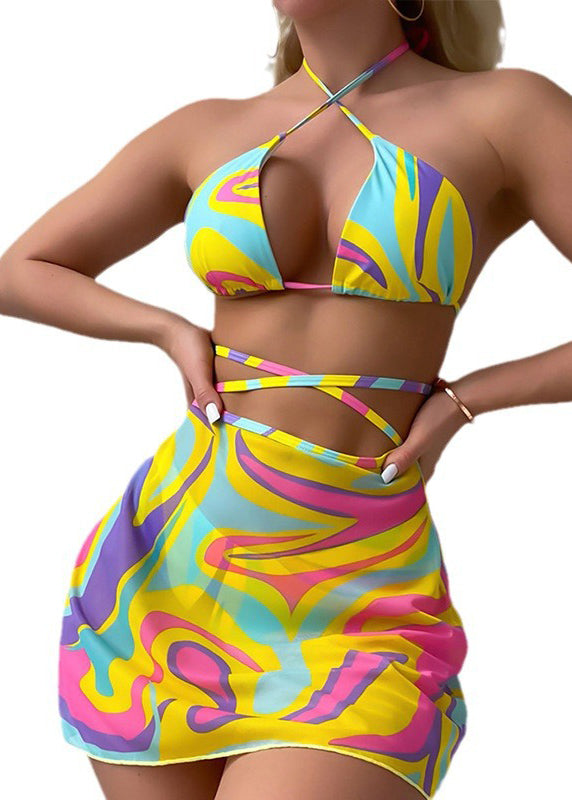 2024 New Printed Cross Lace Up Bikini Swimwear Set