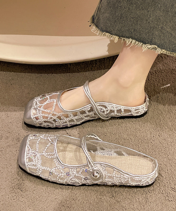 2024 New Stylish Silver Tulle Zircon Flats Slide Sandals