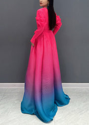 2024 Red O-Neck Gradient Color Maxi Dresses Long Sleeve