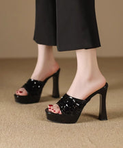 2024 Sequins Splicing High Heel Black Slide Sandals Peep Toe