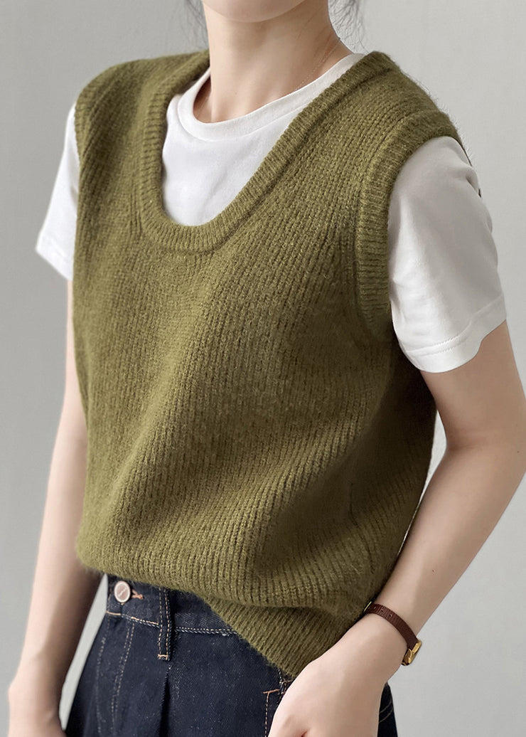 2024 Simple Versatile Green U Neck Knitted Vest Autumn