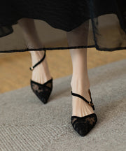 2024 Splicing High Heel Sandals French Black Tulle Pointed Toe