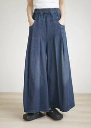 2024 Spring Summer Blue Elastic Waist Wrinkled Wide Leg Pants